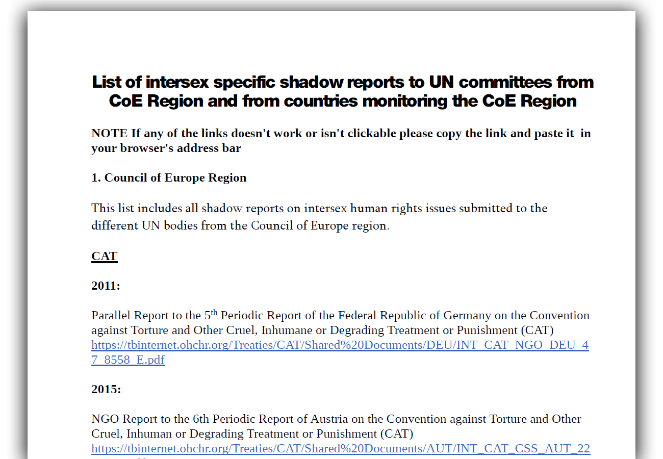 List of intersex specific shadow reports to UN committees from CoE Region and from countries monitoring the CoE Region – Update March 2024