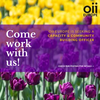 field of yellow and purple tulips - text says: come work with us, OII Europe is seeking a capacity and community building officer - see post for details